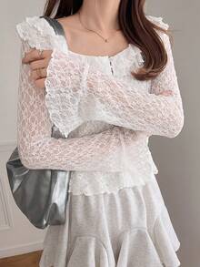 FRIFUL 女士纯白色薄纱蕾丝面料层叠荷叶边领修身衬衫，百搭 - 白色 - 查看 4