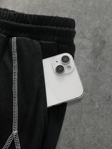 HIMLAND 男士撞色缝线松紧腰抽绳休闲短裤，信仰战胜恐惧短裤，耶稣短裤，基督教短裤，男士街头风短裤，十字架短裤 - 黑色 - 查看 5