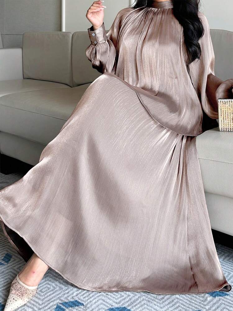 Dazy Plus Elegant Plus Size Women's Spring/Summer 2-Piece Set: Chiffon Tie-Neck Loose Long Sleeve Top And A-Line Skirt