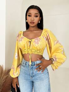 Mistrie 女士新款单肩吊带长袖两件式蕾丝镂空露背沙滩衬衫 - 黃色 - 查看 1