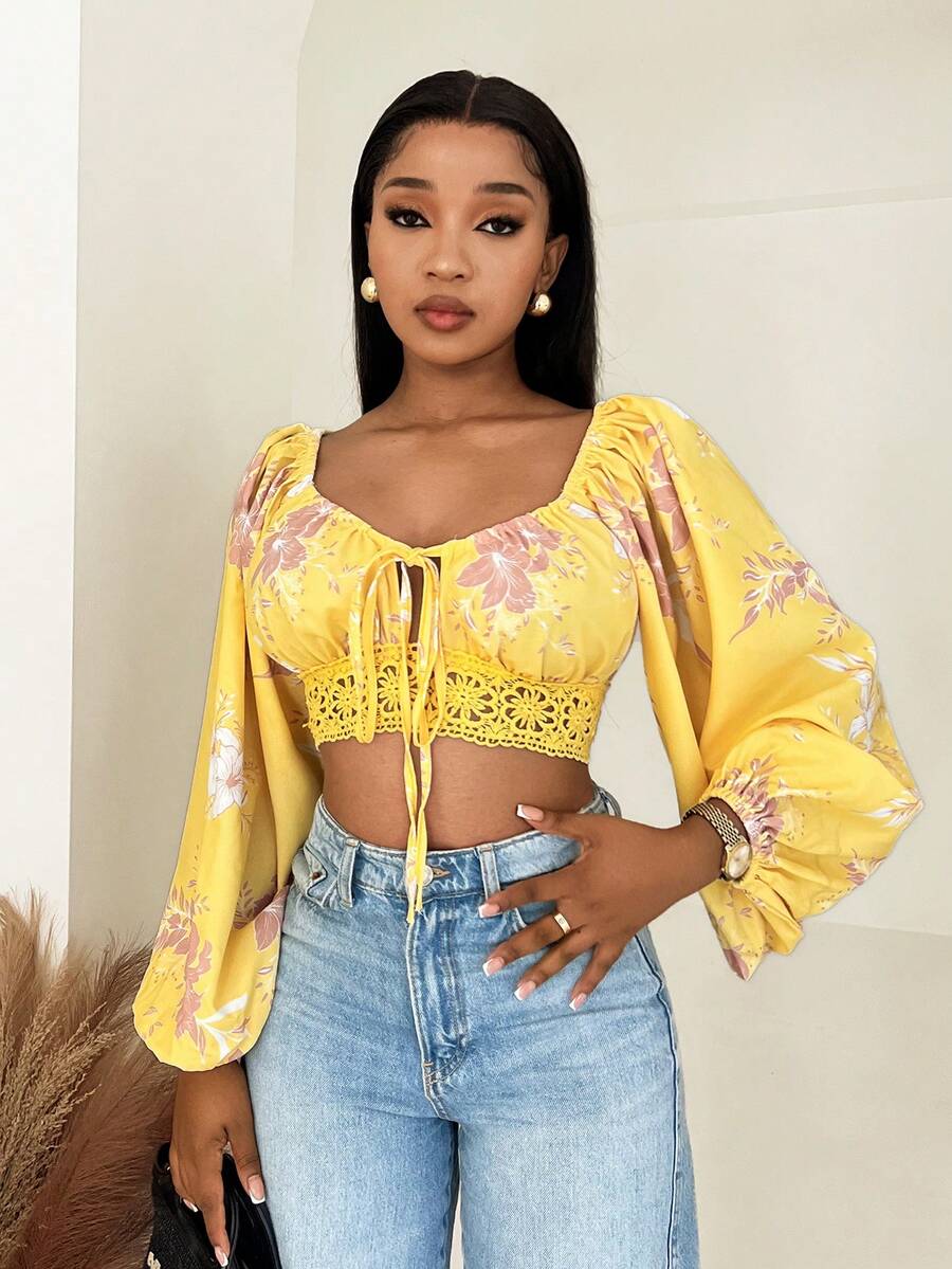 Mistrie 女士新款单肩吊带长袖两件式蕾丝镂空露背沙滩衬衫 - 黃色 - 查看 1