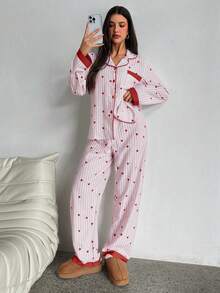 Aloruh 条纹爱心拼接领上衣和裤子睡衣套装，秋冬服装 - 彩色 - 查看 7