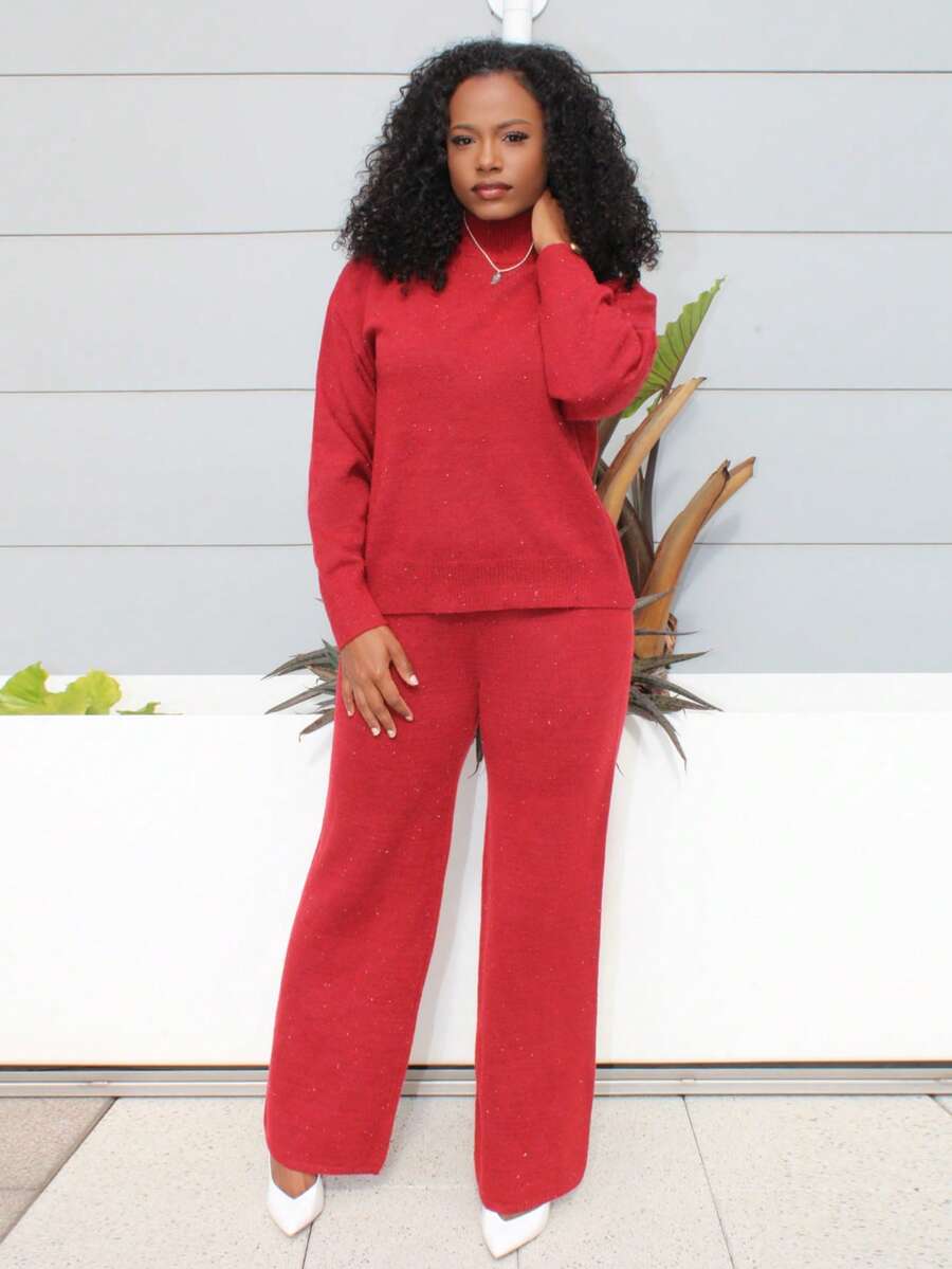 Steph T Damen Lässig Komfortable Minimalistische Mode Locker Gestrickter Pullover und Hohe Taille Elastische Lässig Hose 2-teiliges Set, Herbst/Winter - Bordeaux - Übersicht 1