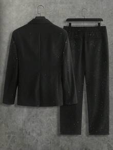 HIMLAND Men's Casual Shiny Lapel NeckLong Sleeve Jacket And Pants Suit Set - Black - View 3