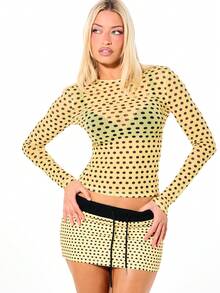 SUMWON WOMEN 长袖波点网纱上衣，圆领修身剪裁，适合日常休闲穿着 - 黃色 - 查看 4