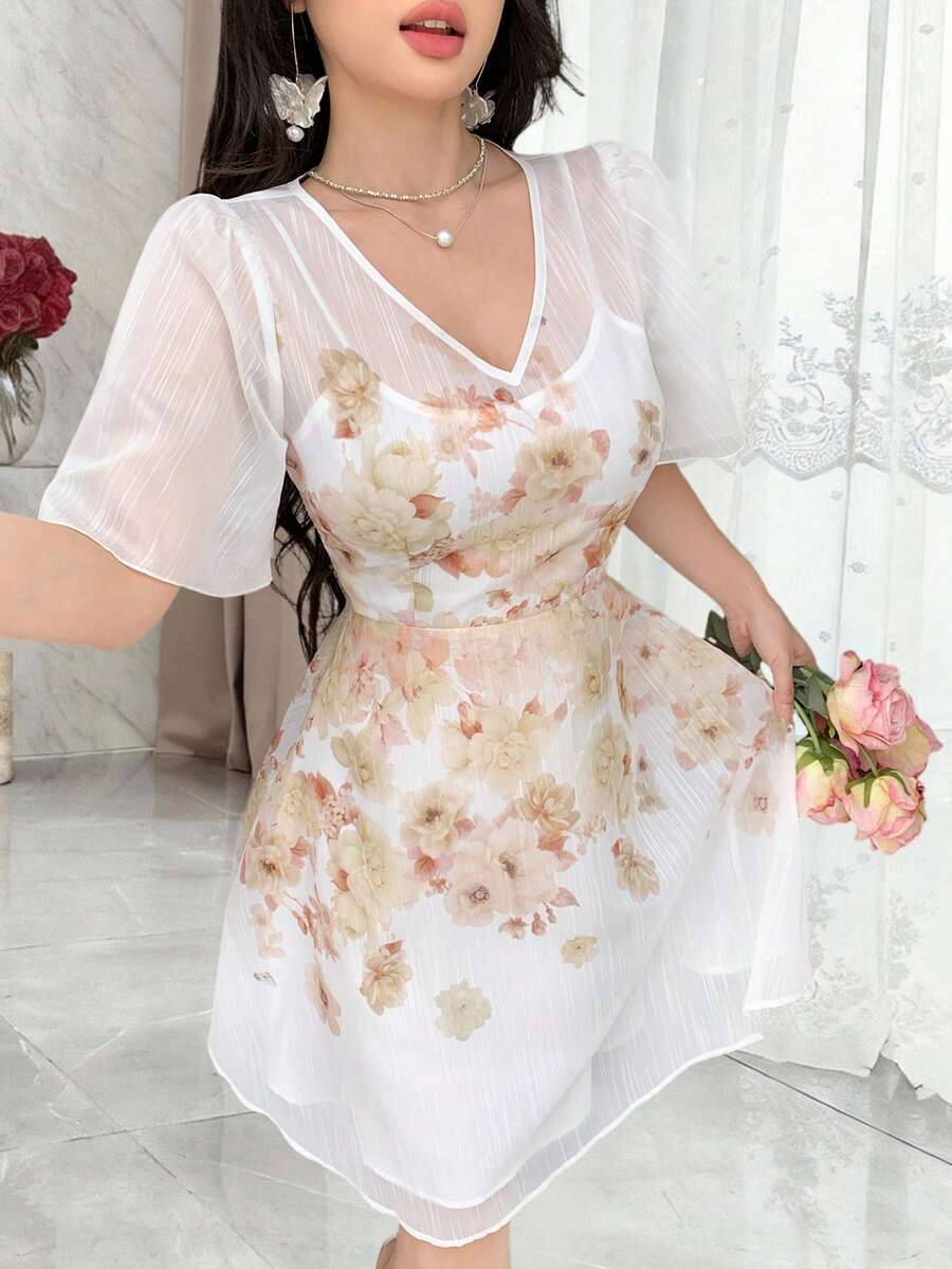 Modelyn 女士V领短袖泡泡袖印花半身裙