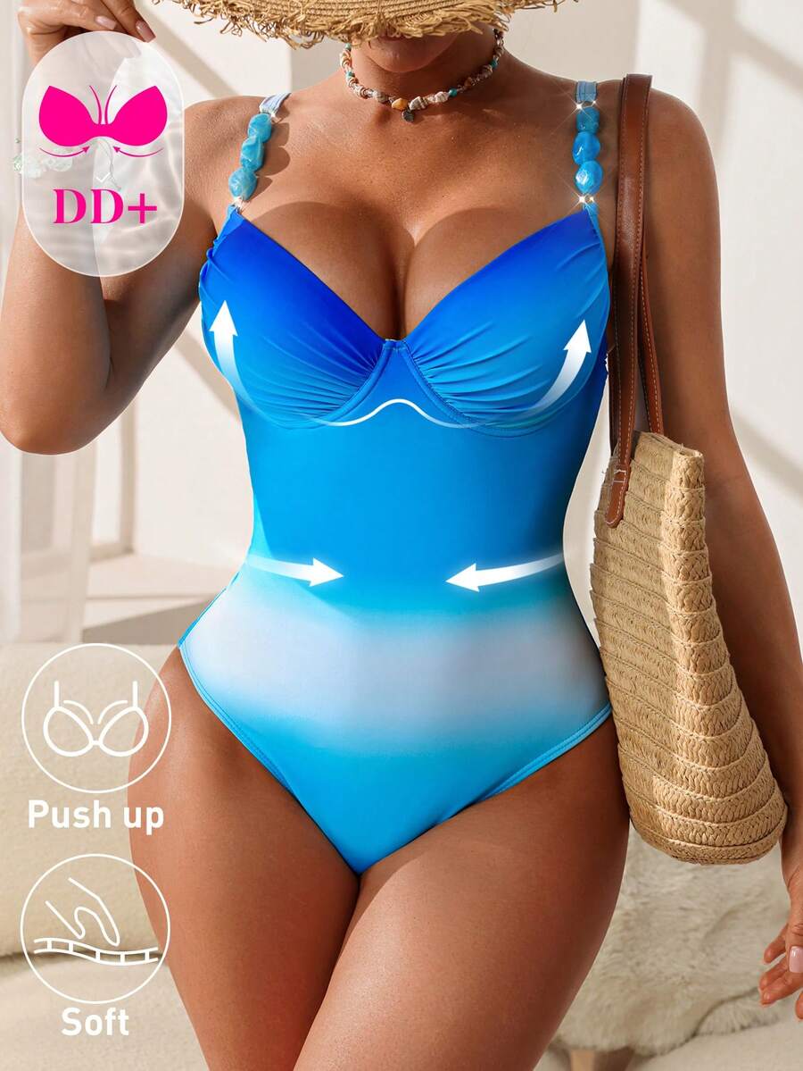 Swim DD+ 1件装女士性感加厚钢圈DD+罩杯渐变印花+蓝色宝石树脂串珠肩带连体泳衣，春夏款 - 藍色 - 查看 1