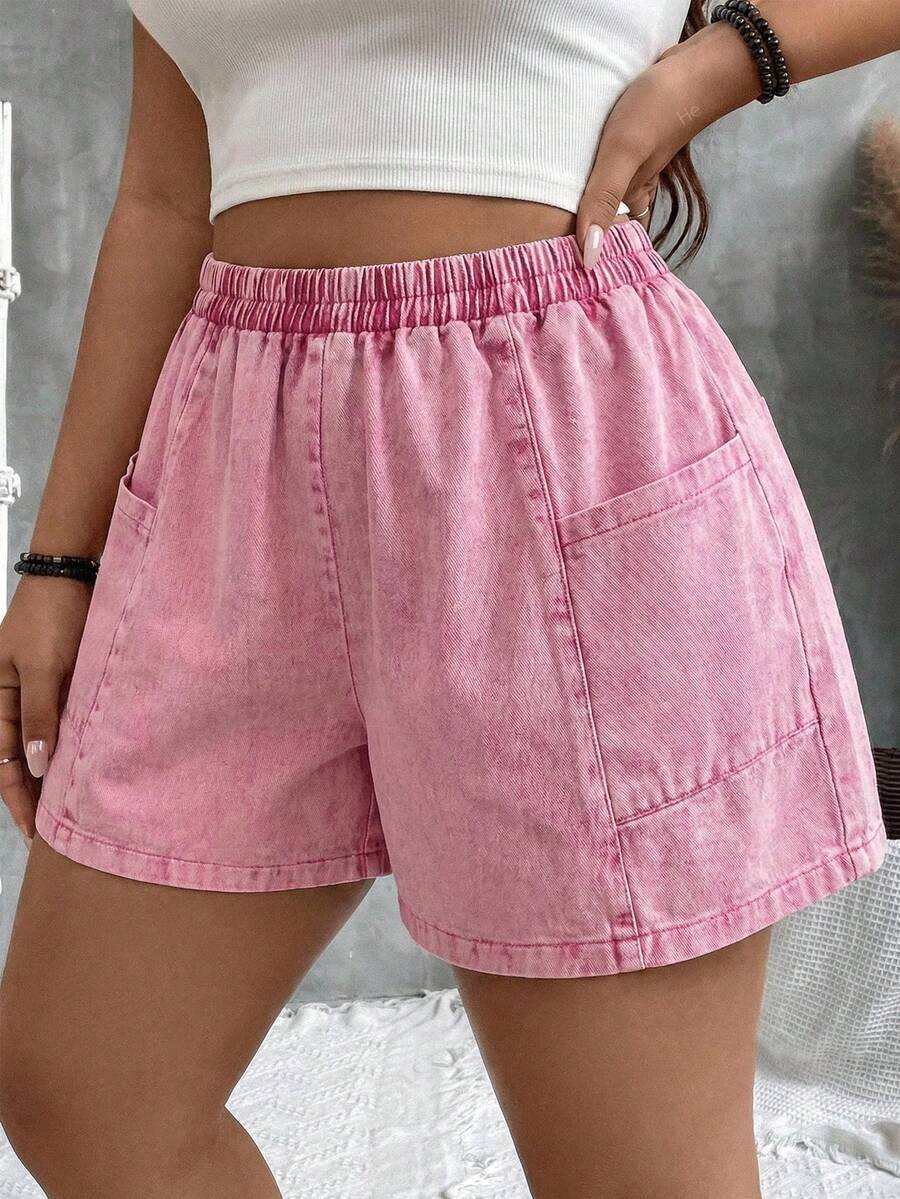 SHEIN VCAY 大码女式松紧腰宽松口袋休闲雪花印花短裤西部度假风女式情人节粉色裤子牛仔裤宽松松紧腰短裤女式粉色短裤女式夏季短裤 - 中紫紅色 - 查看 1