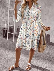 EMERY ROSE Casual Simple Small V-Neck Three-Quarter Sleeve Retro Floral Print Floral Pattern Women's Short Skirt, Suitable For Autumn And Winter Chic Dress - Multicolor - View 7