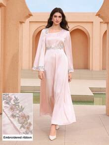 Graceveil Đầm dài tay thiết kế lệch vai, viền ren, phối ren, eo thon gọn dành cho nữ - Hồng - Xem 7