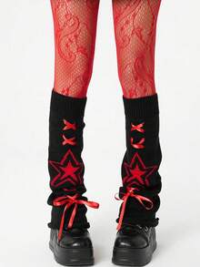 ROMWE Grunge Punk 1 par de calcetines de red de estilo punk con patrón de tornado rojo + 1 par de ligas para la pierna con patrón de estrella Y2K, adecuados para uso diario, fiesta de baile, combinación de calcetines de ajuste ceñido - Multicolor - Ver 1