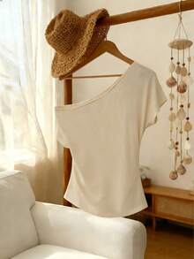 Franclia Women's Cream White Elegant Summer Tea Party One-Shoulder T-Shirt,Lace Trim Star & Shell Decor Ruched Waist One Sleeve Blouse Relaxed Vacation Tops - White - View 2