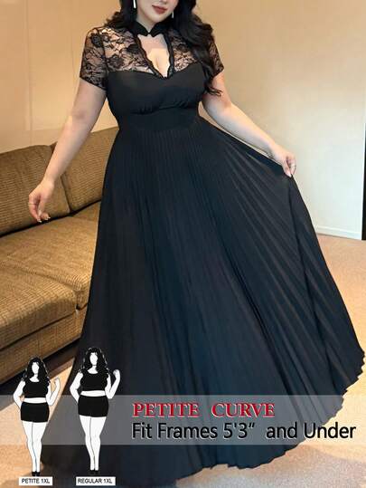 SHEIN PETITE CURVE Vestido largo de manga larga con cuello en V, estilo chino, con aplicaciones de encaje, vestido de cóctel elegante de línea A para mujeres de talla grande