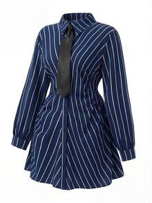 Elenzga Plus Size Elegant Striped Waist Ruched Shirt Dress - Navy Blue - View 3