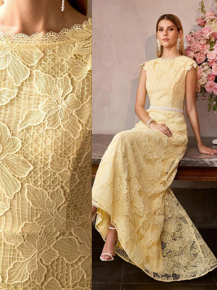 MOTF Soiréza WOMEN'S GUIPURE LACE EMBROIDERED LONG DRESS, FORMAL OCCASION CEREMONIAL DRESS