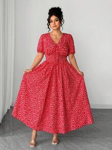 Elenzga Fashionable Casual Spring/Summer Vacation French Romantic Retro Elegant Tie Bow Red Ditsy Floral Dress - Red - View 3