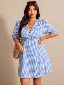 Elaquor 大码交叉裹身常规肩部泡泡袖简约夏季连衣裙 - 藍色 - 查看 4