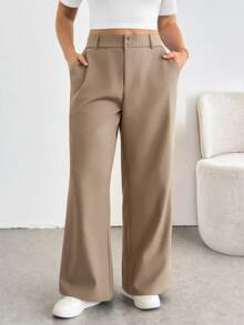 SHEIN Essnce Plus-Size Women's Spring/Summer Fashion Casual Loose Comfortable Everyday Basic Versatile Khaki Flared Pants,Spring,Women Bottom,Work Pants - Khaki - View 4