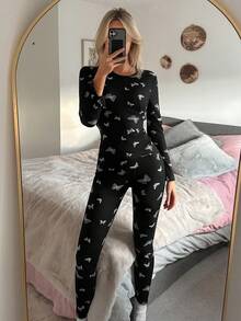 DAZY Charming Butterfly Print Fitted Women Pajama Set - Black - View 3