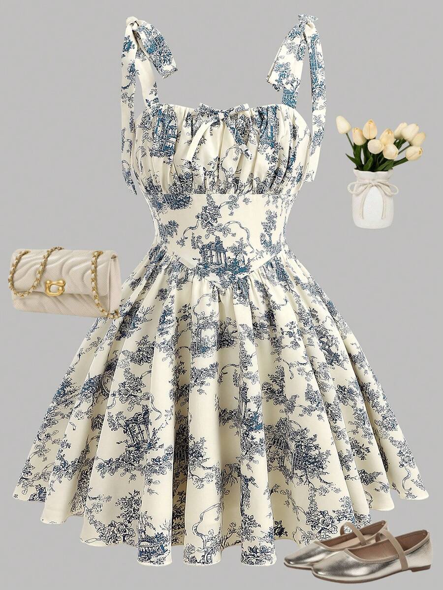 Girlism Tween Girls Dresses Summer Palace Style Floral Ruffle Dress Ballet Style Dress - Blue and White - View 1
