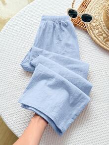 SHEIN Tween Girls' Casual Comfortable Mid-Rise Straight Leg Pants, Versatile - Dusty Blue - View 2