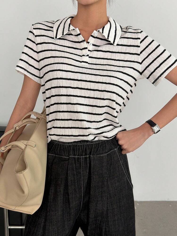 Women's Striped Polo Collar Textured Casual T-Shirt, Summer