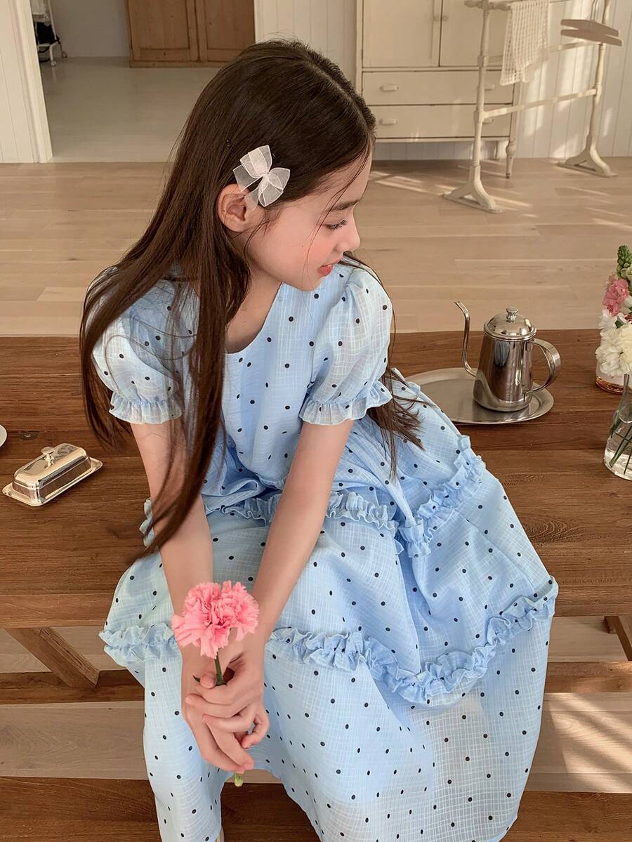 DAZY Girls' Polka Dot Short Sleeve Square Neck Dress - Blue - View 1