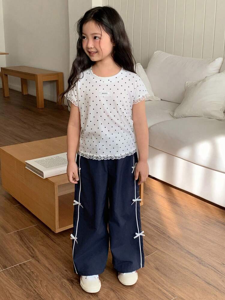 Young Girl Letter & Polka Dot Print Round Neck Short Sleeve T-Shirt And Pants Casual Outfit