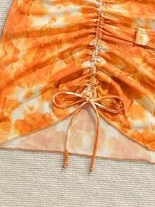 Soleia Women's Floral Print Halter Neck Bikini Set With Sarong Skirt - Orange - View 5