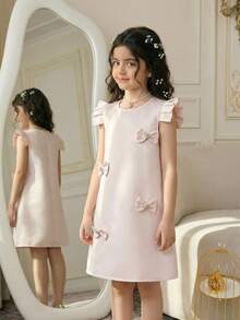 Young Girl Solid Color Satin Dress With Bow Print, Young Girls Blush Pink Summer Flower Girl Formal Elegant Princess Frocks, Ruffle Strap Casual Dress - Baby Pink - View 6
