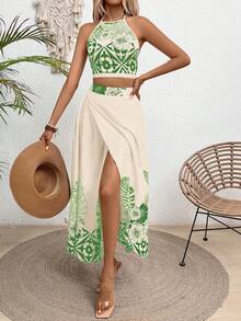 Breezaya Bộ đồ hai mảnh gồm áo hai dây in hoa và chân váy quấn. - Màu xanh Bạc hà - Xem 8