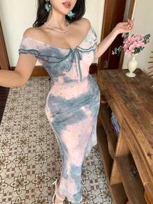 DAZY 女士优雅印花荷叶边系带无袖中长连衣裙，夏季婚礼宾客礼服，女士吊带裙 - 藍色 - 查看 7