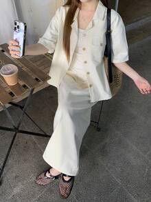 DAZY Women's Casual Solid White Pocket Shirt And Straight Denim Skirt 2-Piece Set, Spring/Summer - White - View 4