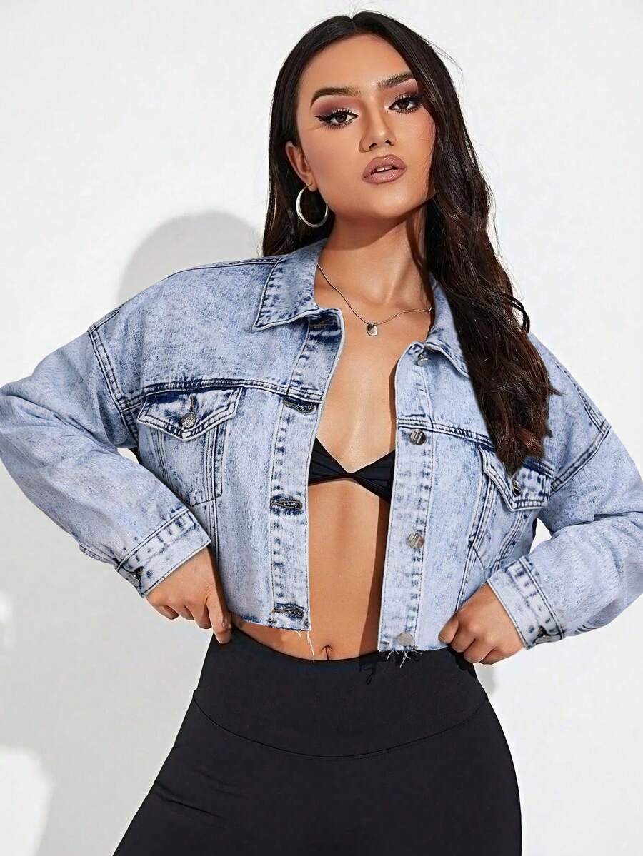 Breezaya Jaket Denim Kasual Wanita dengan Kancing Depan dan Saku Lipat, Musim Panas - Light Wash - View 1