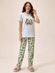 Loomlin Cotton Women Cute Avocado Pattern Sleep Tee + Long Pants Pajama Sets - Green - View 3