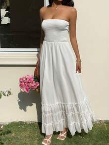 Sunnyshic 女士白色长款连衣裙，抽绳腰身，A字裙摆，挂脖设计，优雅时尚，适合海滩、度假、约会、浪漫场合，荷叶边下摆，甜美少女风，春夏款。 - 白色 - 查看 6