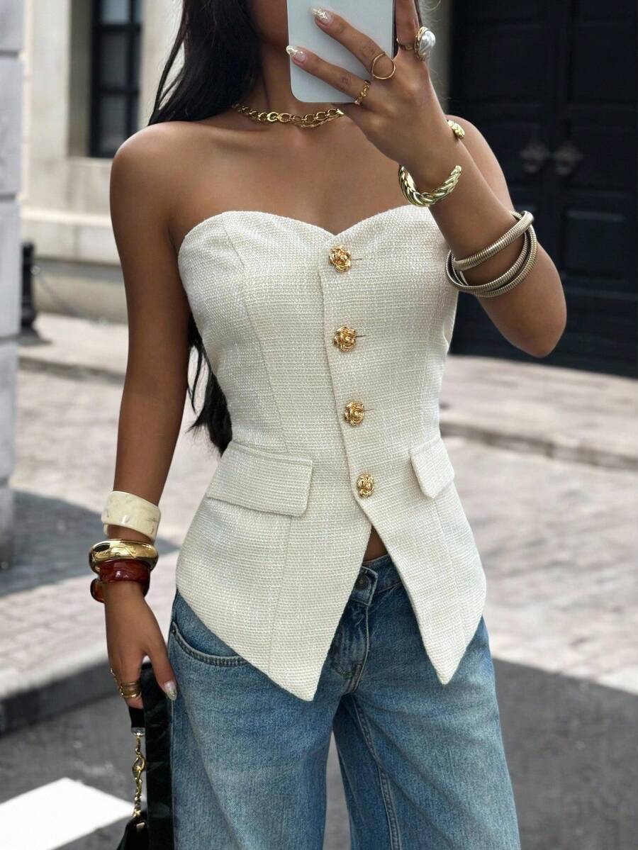 Siren Gaze Women's New Thick Tweed Bandeau Top, Autumn/Winter,Commuter Sleeveless Chest-Wrapped Top Summer Elegant - Apricot - View 1