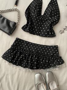 Attitoon Bộ đồ nữ hai mảnh không tay cổ khoét sâu, họa tiết trái tim, thích hợp cho mùa hè. - màu đen - Xem 3