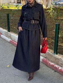 DAZY Women's Casual Denim Collared Top And Skirt Set - Dark Wash - View 5