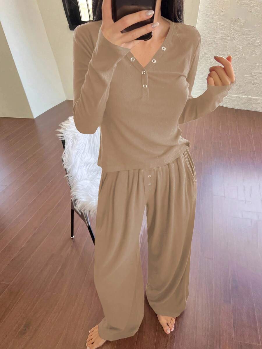 DAZY 2件套女士休闲针织开衫上衣和宽松睡裤家居服套装，春季 - 卡其色 - 查看 1