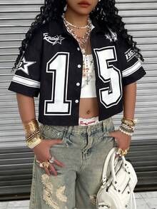 Rovax Women's Casual Loose Fit Numeric Print Short Sleeve Shirt - Black - View 3