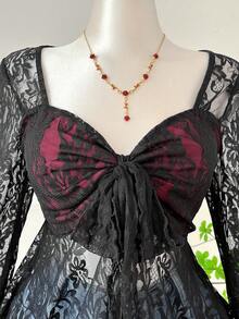 SHEIN EZwear 大码撞色甜心领蕾丝拼接长袖T恤 - 彩色 - 查看 3