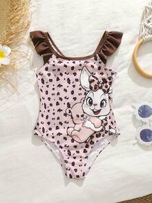 SHEIN Young Girls Round Neck Ruffle Trim Cartoon Rabbit Print One-Piece Swimsuit, Summer - Multicolor - View 1