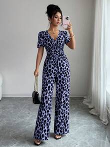 Elenzga Ladies' Elegant Vacation And Casual Summer Leopard Print Jumpsuit - Purple - View 4