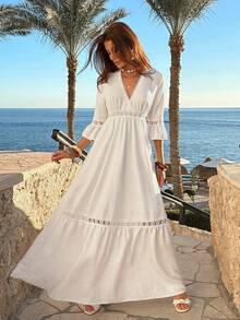 EURMUSE 女士白色波西米亚风长款度假连衣裙 – 短袖，钩花边，优雅度假装 - 白色 - 查看 1