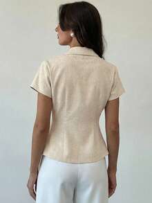 Aloruh Áo blazer nữ tay ngắn, dáng suông, chất liệu linen màu mơ, thích hợp cho công sở/thường ngày, mùa hè, lễ tốt nghiệp, trang phục giáo viên, tựu trường mùa thu/đông. - Màu Khaki - Xem 2