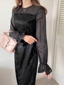 FRIFUL Women's Solid Color Round Neck Long Sleeve Flared Cuff Waist Fitted Dress, Versatile For Spring & Summer Sundress - Black - View 4