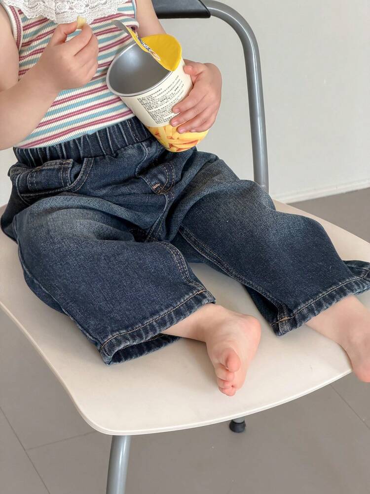 Toddler Girls' Casual Washed Korean Style Cat Whisker Loose Wide-Leg Jeans