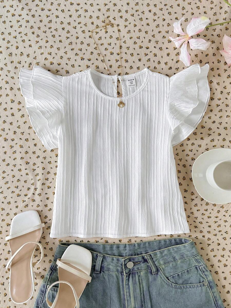 SHEIN 少女休闲插肩袖纹理面料T恤 - 白色 - 查看 1