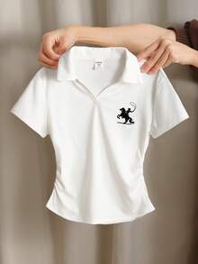 SHEIN Tween Girl Spring/Summer Casual Horse Racing Embroidered Ribbed Polo Collar T-Shirt, White - White - View 6